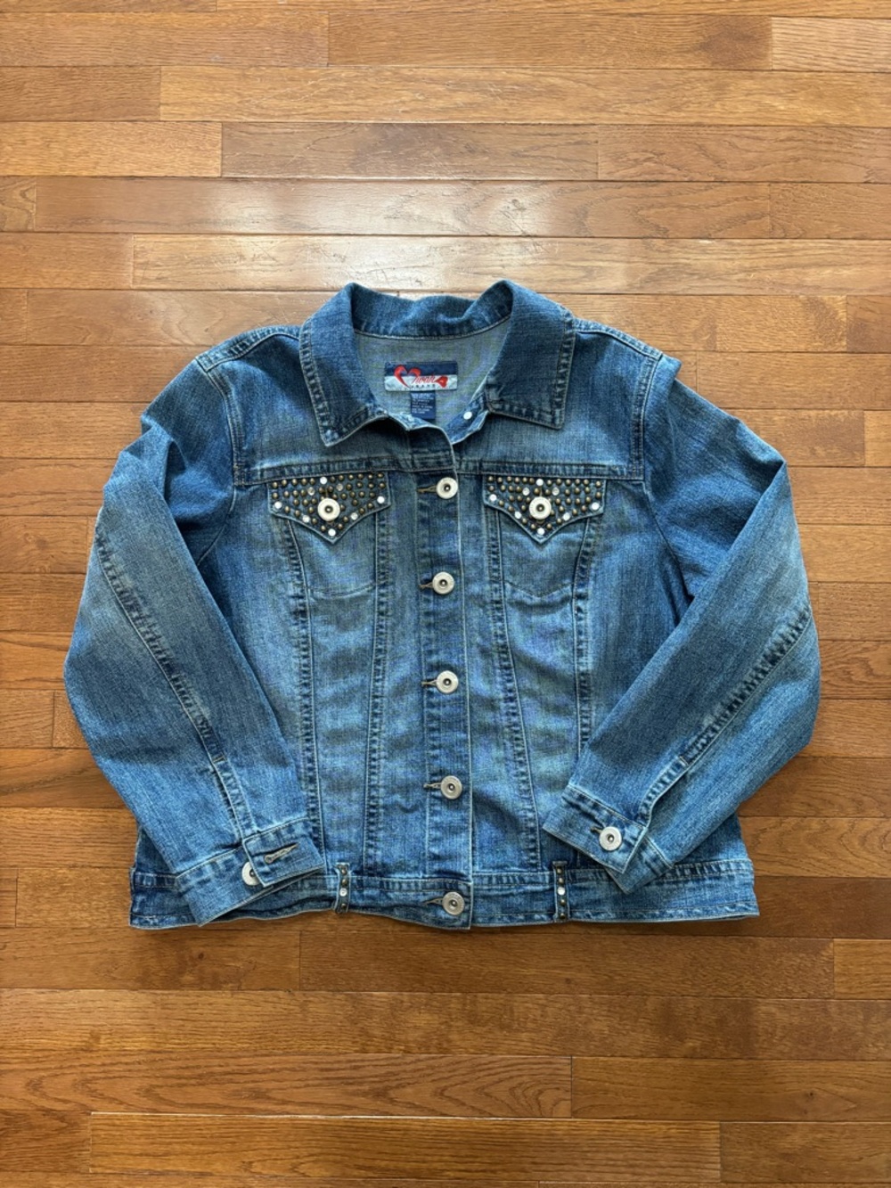 Vintage Y2K Embellished Trucker Denim Jacket with Gemstones and Studs